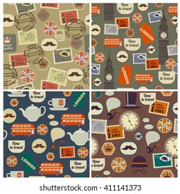 set of retro british seamless patterns