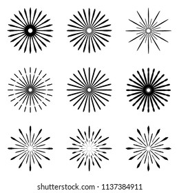 Set of Retro Brush Sun Burst Shapes. Vintage logo, labels, badges. Vector design element isolated. Minimal black firework burst.