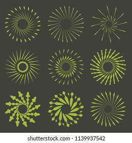 Set of Retro Brush Sun Burst Shapes. Vintage logo, labels, badges. Vector design element isolated. Minimal gold firework burst.