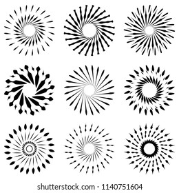 Set of Retro Brush Sun Burst Shapes. Vintage logo, labels, badges. Vector design element isolated. Minimal black firework burst.