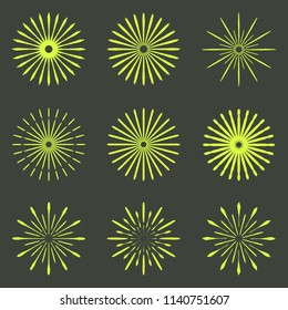 Set of Retro Brush Sun Burst Shapes. Vintage logo, labels, badges. Vector design element isolated. Minimal gold firework burst.