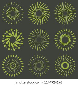 Set of Retro Brush Sun Burst Shapes. Vintage logo, labels, badges. Vector design element isolated. Minimal gold firework burst.