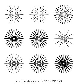 Set of Retro Brush Sun Burst Shapes. Vintage logo, labels, badges. Vector design element isolated. Minimal black firework burst.