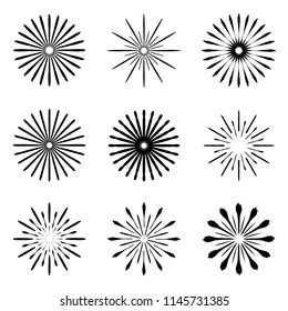 Set of Retro Brush Sun Burst Shapes. Vintage logo, labels, badges. Vector design element isolated. Minimal black firework burst.
