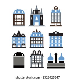 Set of retro buildings of old city houses flat style on white background Cut out