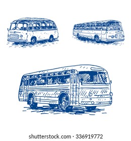 Set of retro buses. Picture of vintage transport. Old times. Vector hand drawn sketch.