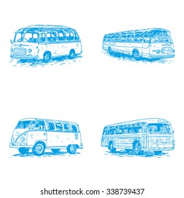 Set of retro buses. Picture of vintage transport. Old times. Vector hand drawn sketch.