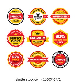 Set retro business badge vector illustration set in flat style. Vintage premium logo collection. Authentic original quality. Satisfaction guaranteed. Sticker, label and emblem graphic design elements.