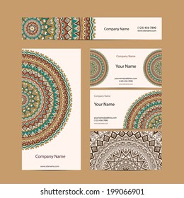 Set retro business card. Vector background. Card or invitation. Vintage decorative elements. Hand drawn background. Islam, arabic, indian, ottoman motifs.