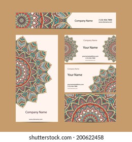 Set retro business card. Vector background. Card or invitation. Vintage decorative elements. Hand drawn background. Islam, Arabic, Indian, ottoman motifs.