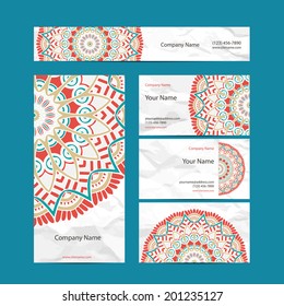 Set retro business card. Vector background. Card or invitation. Vintage decorative elements. Hand drawn background. Islam, Arabic, Indian, ottoman motifs.