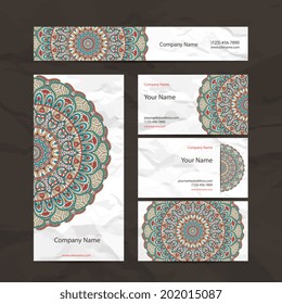 Set retro business card. Vector background. Card or invitation. Vintage decorative elements. Hand drawn background. Islam, Arabic, Indian, ottoman motifs.
