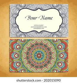 Set retro business card. Vector background. Card or invitation. Vintage decorative elements. Hand drawn background. Islam, Arabic, Indian, ottoman motifs.