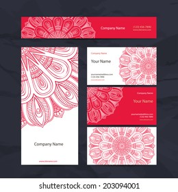 Set retro business card. Vector background. Card or invitation. Vintage decorative elements. Hand drawn background. Islam, Arabic, Indian, ottoman motifs.