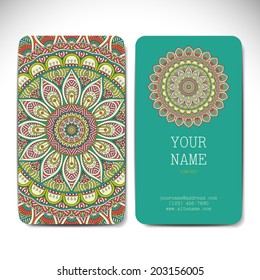 Set retro business card. Vector background. Card or invitation. Vintage decorative elements. Hand drawn background. Islam, Arabic, Indian, ottoman motifs.