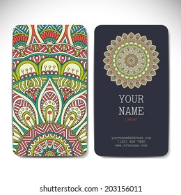 Set retro business card. Vector background. Card or invitation. Vintage decorative elements. Hand drawn background. Islam, Arabic, Indian, ottoman motifs.