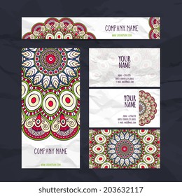 Set retro business card. Vector background. Card or invitation. Vintage decorative elements. Hand drawn background. Islam, Arabic, Indian, ottoman motifs.