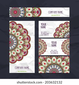 Set retro business card. Vector background. Card or invitation. Vintage decorative elements. Hand drawn background. Islam, Arabic, Indian, ottoman motifs.