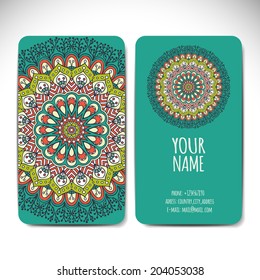 Set retro business card. Vector background. Card or invitation. Vintage decorative elements. Hand drawn background. Islam, Arabic, Indian, ottoman motifs.