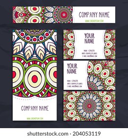 Set retro business card. Vector background. Card or invitation. Vintage decorative elements. Hand drawn background. Islam, Arabic, Indian, ottoman motifs.