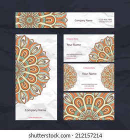 Set retro business card. Vector background. Card or invitation. Vintage decorative elements. Hand drawn background. Islam, Arabic, Indian, ottoman motifs.
