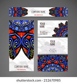 Set retro business card. Vector background. Card or invitation. Vintage decorative elements. Hand drawn background. Islam, Arabic, Indian, ottoman motifs.