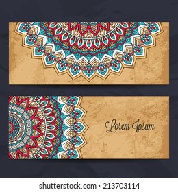 Set retro business card. Vector background. Card or invitation. Vintage decorative elements. Hand drawn background. Islam, Arabic, Indian, ottoman motifs.