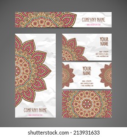 Set retro business card. Vector background. Card or invitation. Vintage decorative elements. Hand drawn background. Islam, Arabic, Indian, ottoman motifs.