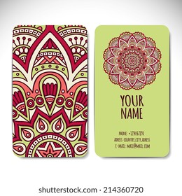 Set retro business card. Vector background. Card or invitation. Vintage decorative elements. Hand drawn background. Islam, Arabic, Indian, ottoman motifs.