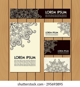 Set retro business card. Vector background. Card or invitation. Vintage decorative elements. Hand drawn background.