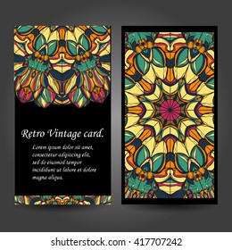 Set retro business card. Vector background. Card or invitation. Vintage decorative elements. Hand drawn. Islam, Arabic, Indian, ottoman motifs. EPS