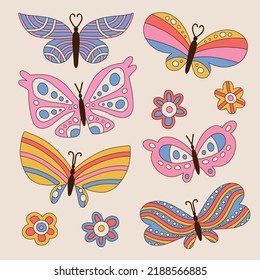 Set of retro butterflies in 60s 70s groovy style isolated. Flowers Child elements Collection. Vintage Hippie butterfly. Vector hand drawn illustration.