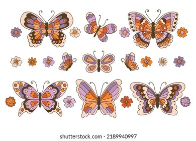 Set of retro butterflies in 60s 70s style isolated on white background vector illustration. 