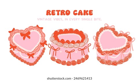 set of Retro Cake Groovy Coquette Design with Ribbon bow banner