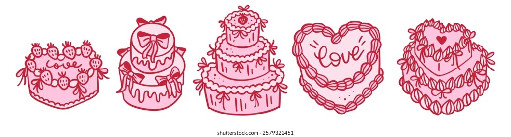 set of Retro Cake heart shaped Groovy Coquette Design with Ribbon bow banner