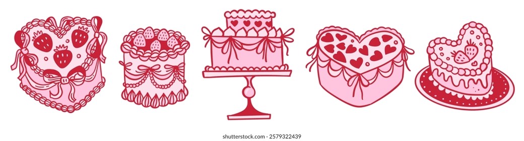 Set of Retro Cakes in Groovy Coquette style with Ribbon bows. Hand drawn contour flat vector illustration.