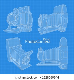Set with Retro camera. Different angles and 3D projections of retro cameras on blueprint. Vintage photocamera vector drawing