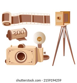 set retro camera film in brown photograph hobby memory