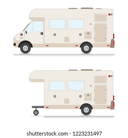 Set of retro camper trailer collection, Caravan car vacation in trip flat design vector illustration.