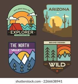 Set of retro camping badges featuring various wilderness-themed designs including mountains, forests, Arizona desert and outdoor activities. Stock vector travel labels.