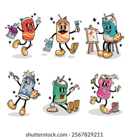 Set of Retro Can Soda Cartoon Illustration playing ink for painting with Varied Poses and Expressions