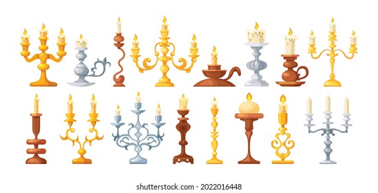 Set of retro candlesticks. Different antique metallic holder for burning candles with curved twisted elements. Golden, silver and bronze vintage interior accessories, relaxation light cartoon vector