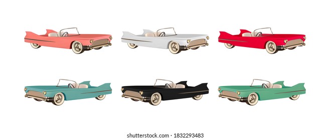 Set of Retro car convertible realistic. Luxury vintage 3d car red and white, black and blue, brown pink color. object isolated on white background. Period from 40s to 80s years. Vector illustration