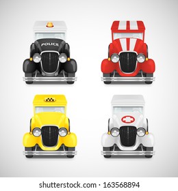 Set Retro Car Icon, Police With Flashing Lights, Red Fire Truck, Yellow Taxi, White Ambulance, Vector Illustration
