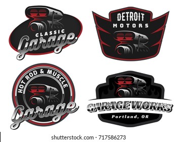 Set of retro car logo, emblems or badges isolated on white background. Car air intake and throttle body illustration.