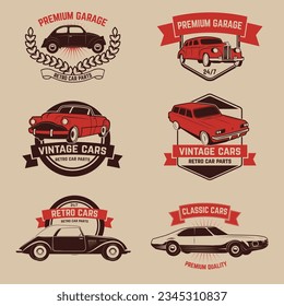 Set of  retro car service emblems. Vintage vehicle, repair automotive, tuning and restoration. Vector illustration