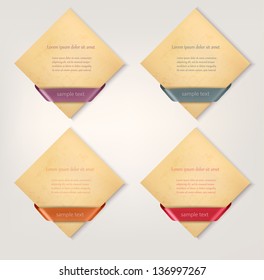Set of retro cardboard paper banners with color ribbon tags. Vector