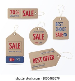 Set of retro cardboard sale labels with ropes for flyer and banner. Vector collection of vintage paper craft tags with text - Limited edition, best choice, special offer. Isolated from the background.