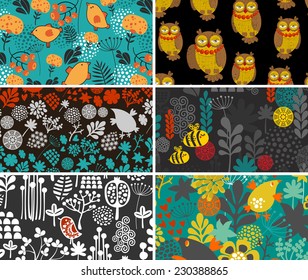 Set of retro cards with birds and flowers. Vector illustration. 