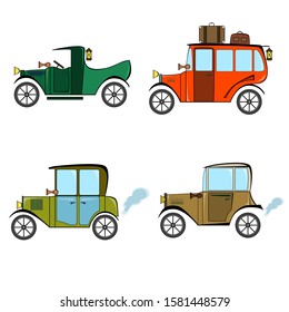 Set of retro cars, bus and pickup in cartoon style on white background. Collection with vintage car, bus and pickup.